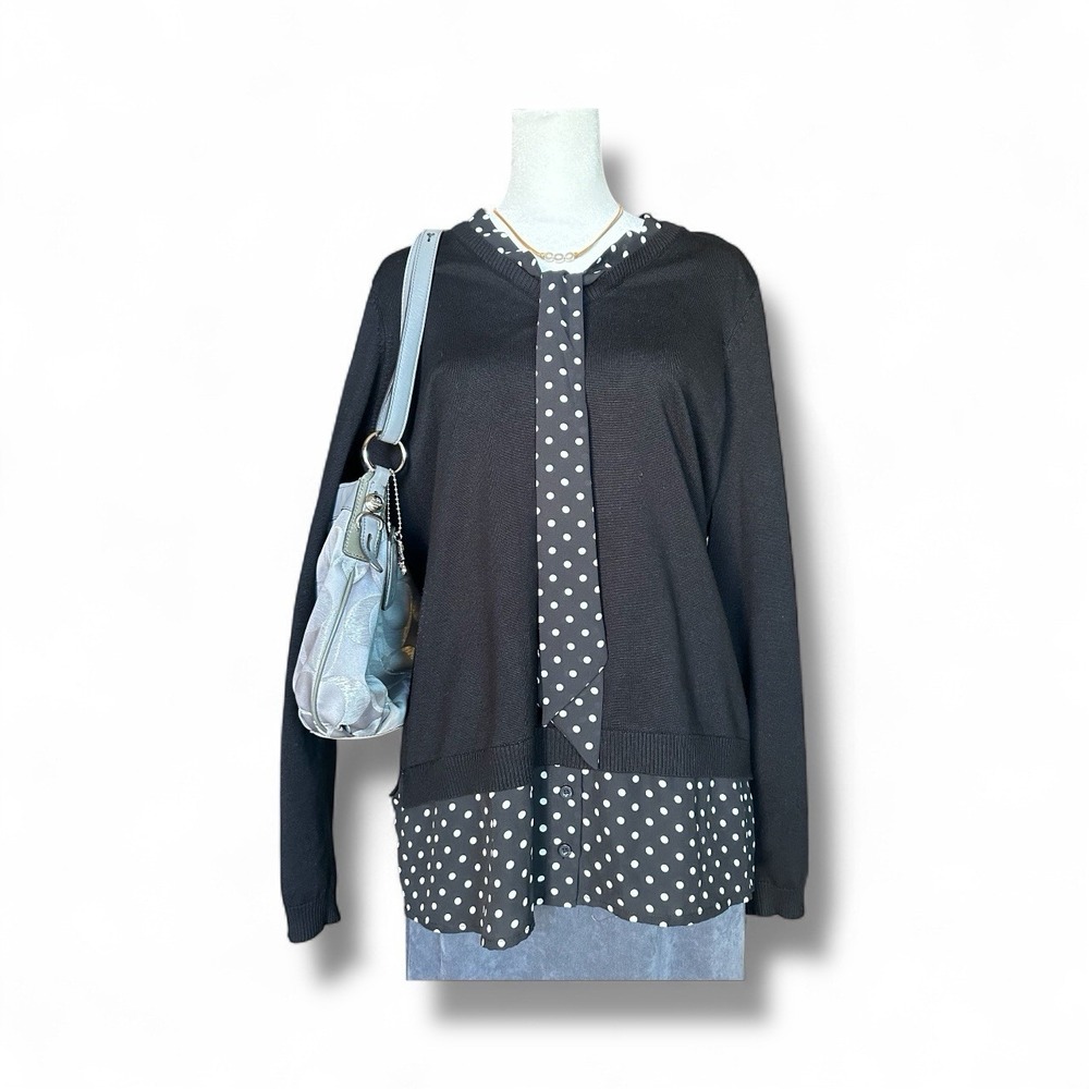 Adrianna‎ Papell Women's Polka Dot Tie Neck Layered Sweater Top Black L career